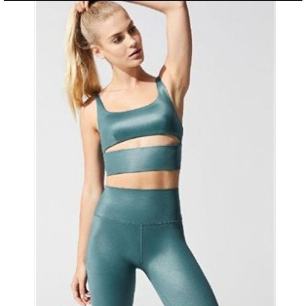 Alo Yoga High Waist Leggings & Yoga Slit Sports Bra Set High Shine Seagrass S/M